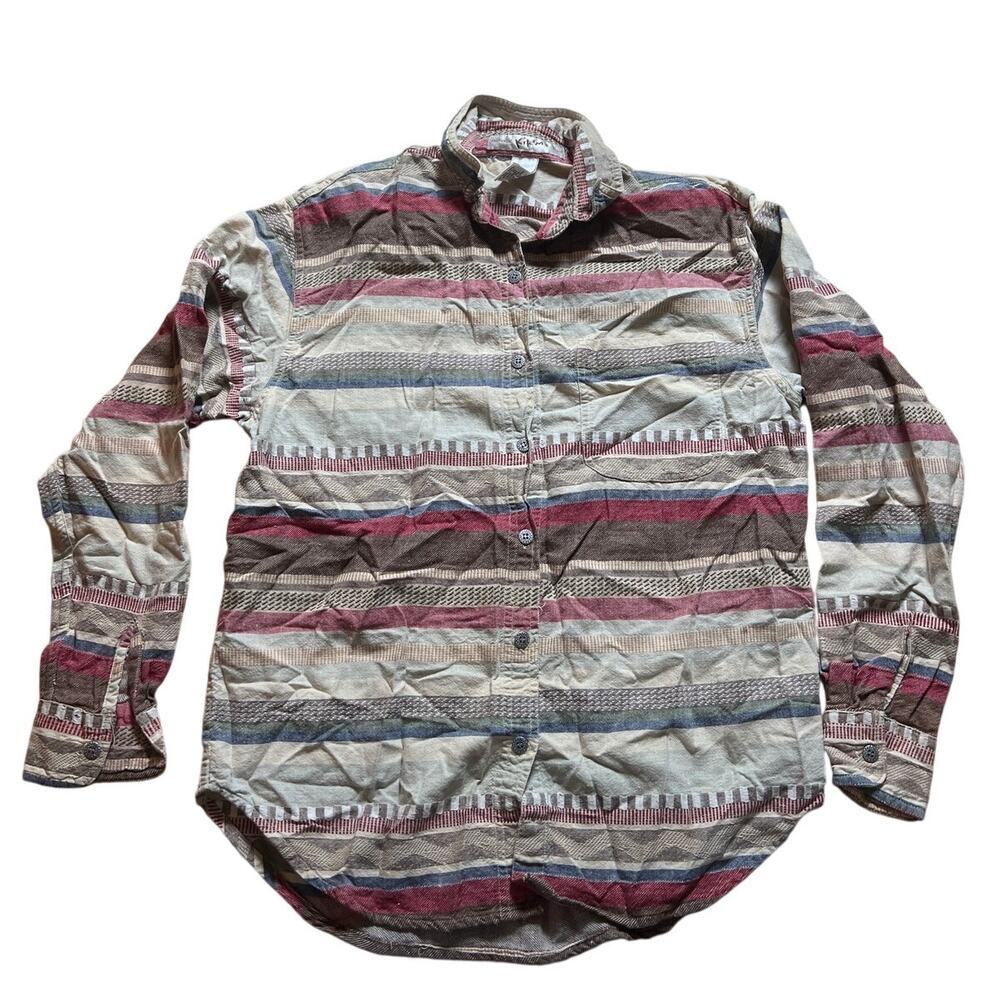 Vintage Kikomo Tribal Shirt Womens M Striped Button Up Long Sleeve